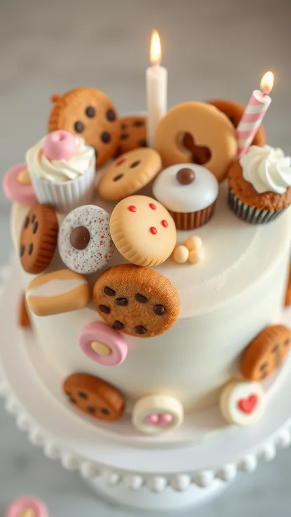 A beautifully decorated cake topped with various cookies and cupcakes, creating a colorful display of baked treats.