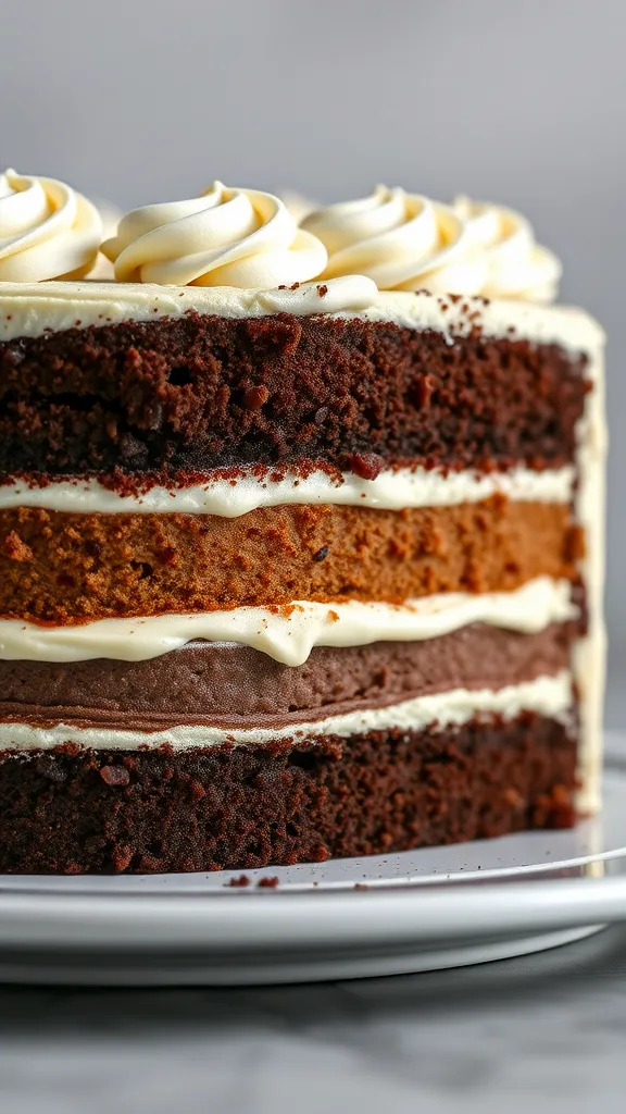 A layered chocolate and vanilla cake with cream frosting on top