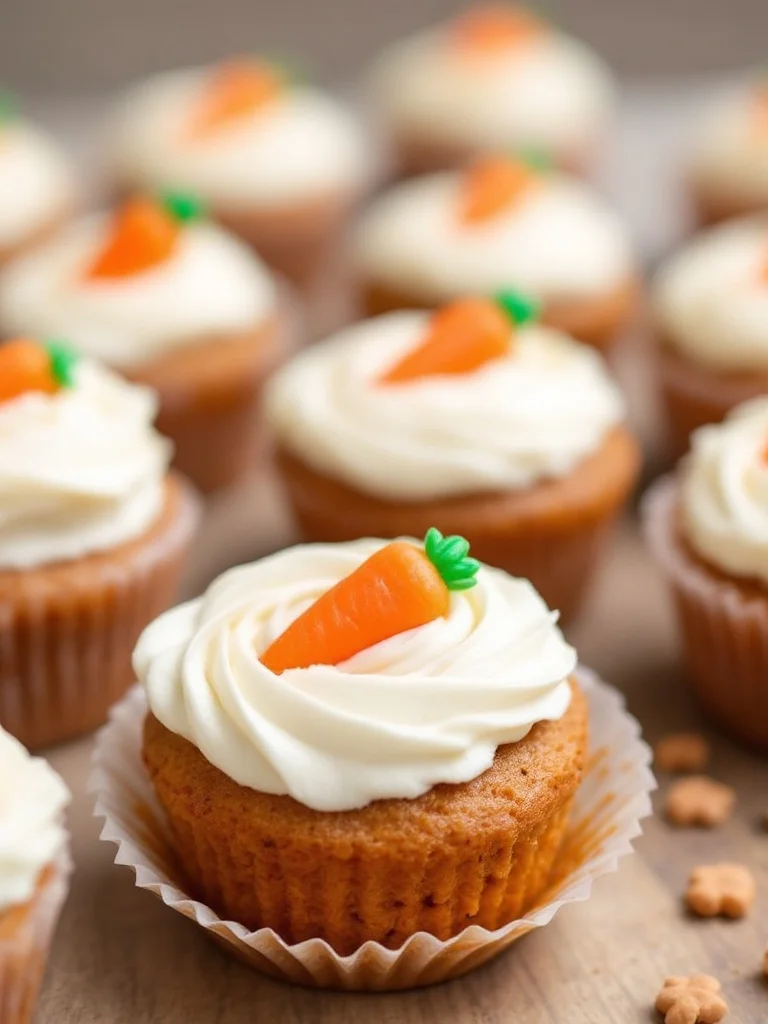 Mini carrot cakes in cupcake form, topped with cream frosting and a small carrot decoration.